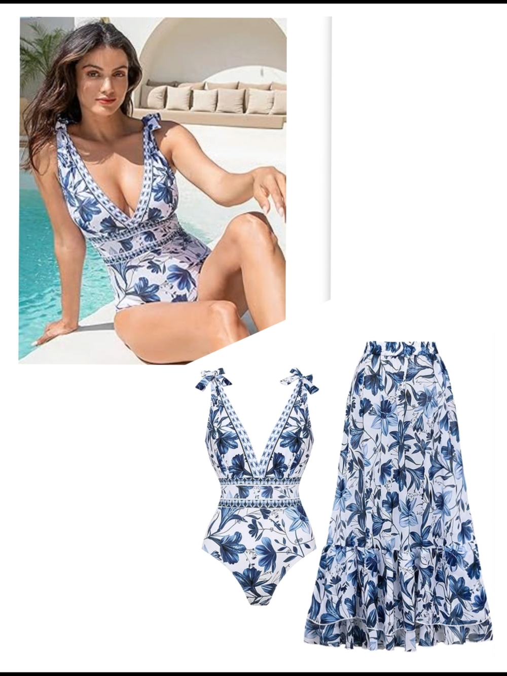 Navy Floral Tie-Shoulder One-Piece Swimsuit Set